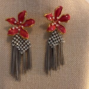 Zara.  Red and Silver Floral Tassel Earrings
